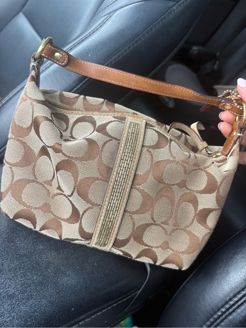 Coach Tan and Brown Signature Canvas Shoulder Bag with Beaded Trim